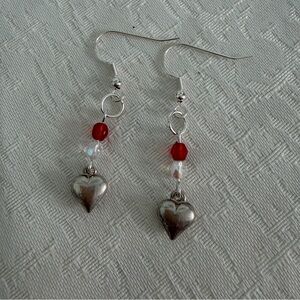 Silver Toned Heart and AB Glass Earrings